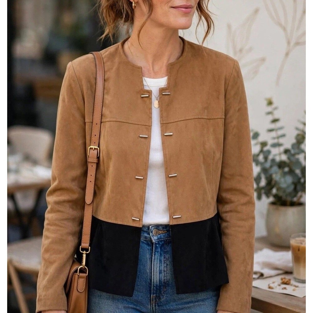 Vintage 90s R&K Faux Suede Peplum Jacket Camel Black Colorblock Petite 36” Bust